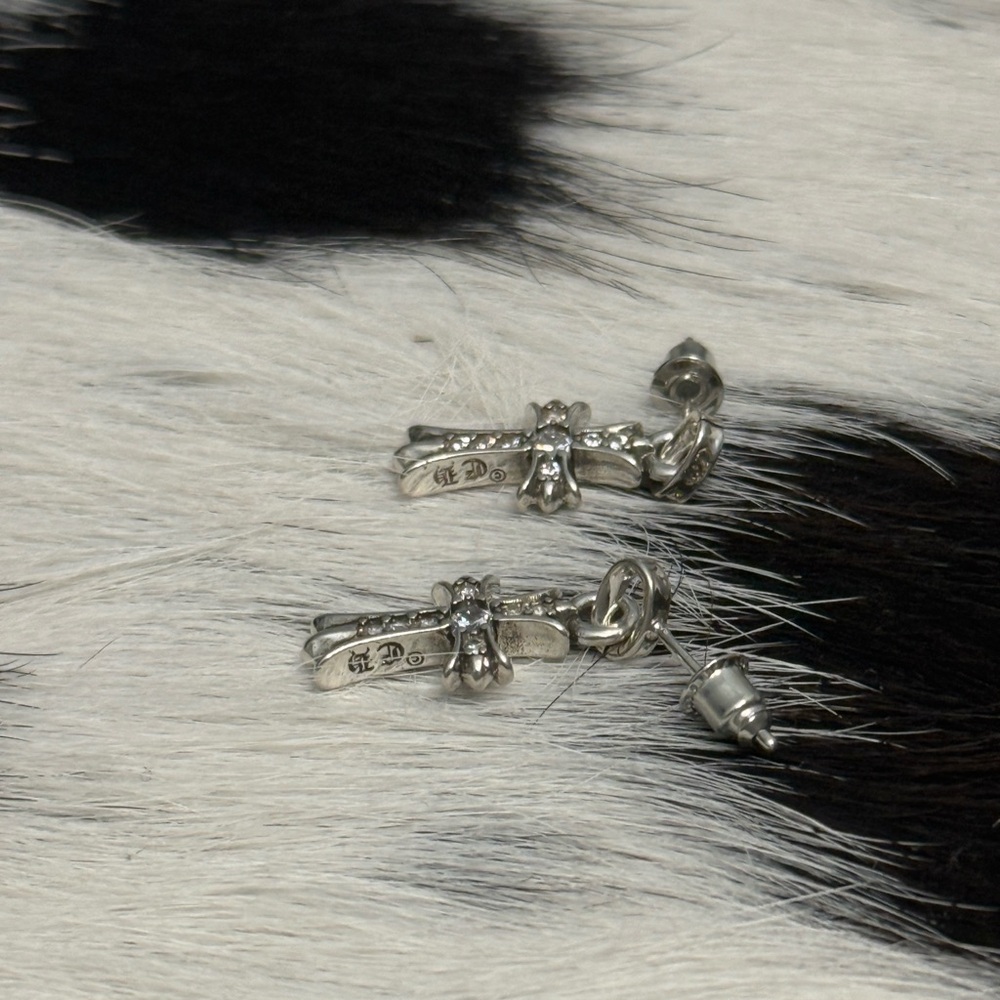 2002 Chrome Hearts Sterling silver Cross Post dangle earrings Pave Rhinestone - Picture 6 of 12